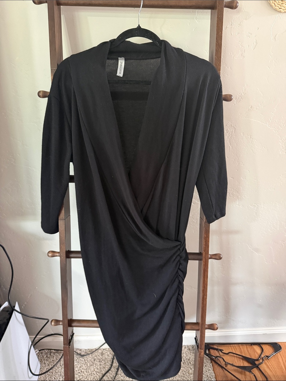 Zenana Black Wrap Dress Ruched Side V-Neck 3/4 Sleeve Women's Dress Size Med